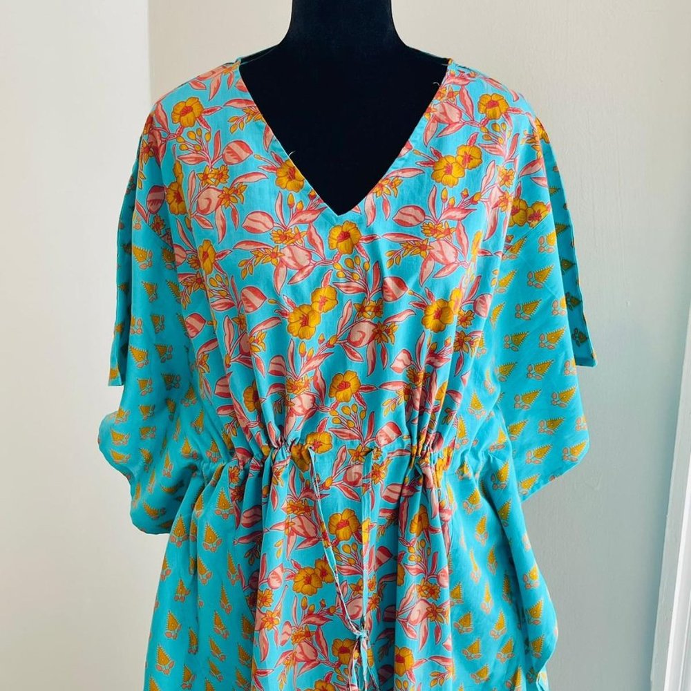 BRAND NEW Summer Cotton Kaftan Blue beach cover loungewear Indian kaftan dress - Picture 1 of 5